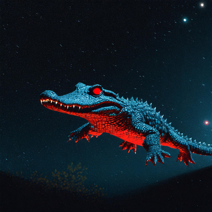 Ein blaues Krokodil mit roten Augen schwebt im Nachthimmel zwischen Stern. Rotes Licht illuminiert den Bauch des Krokodils. 